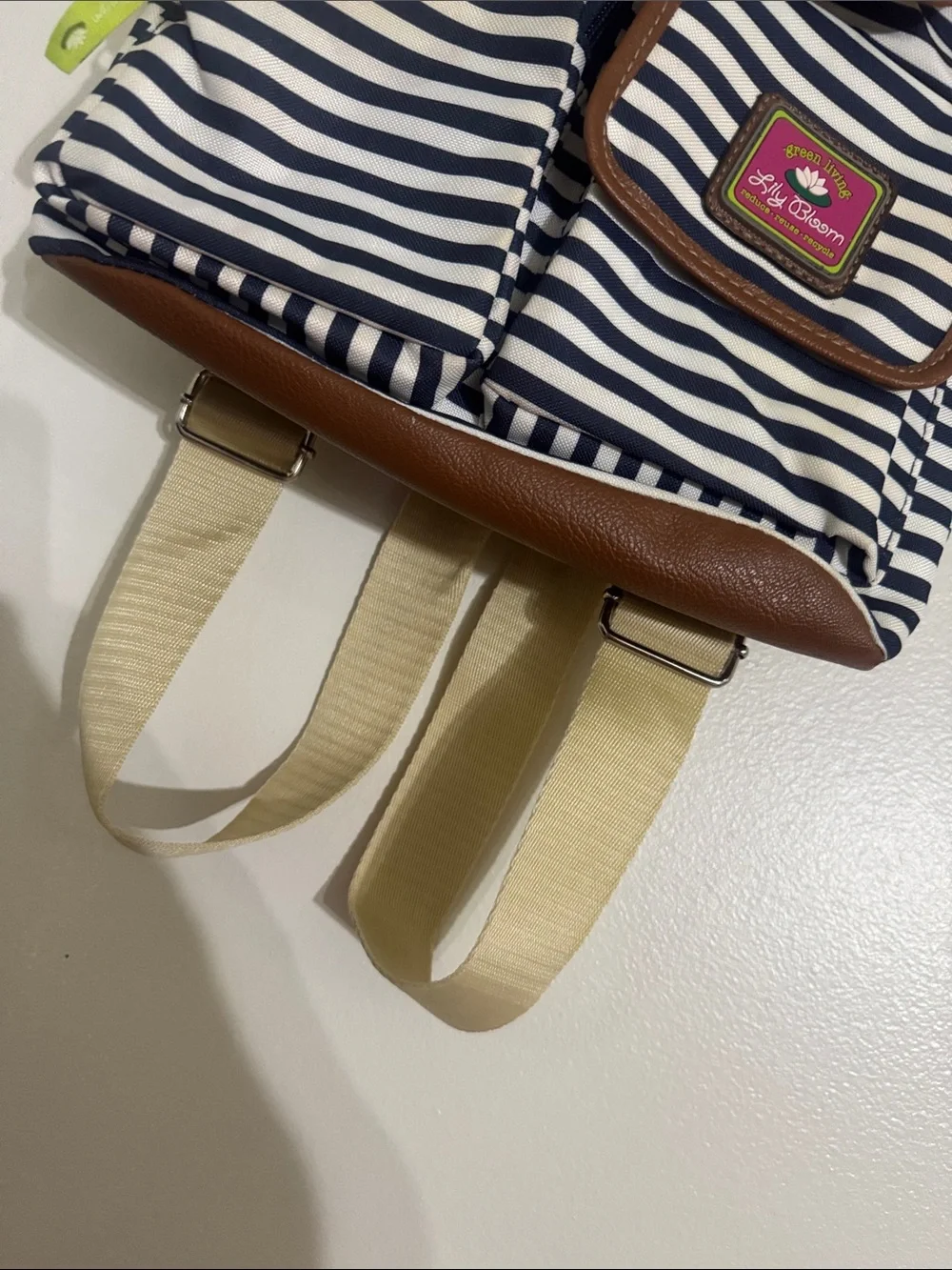 Lily Bloom Navy & White Striped Backpack with Brown Trim